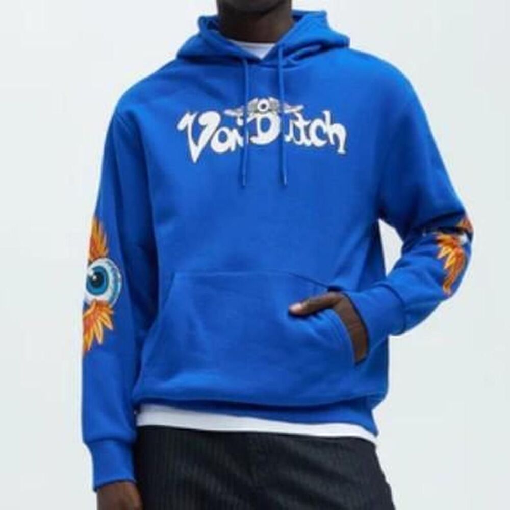Von Dutch Flying Eyeball Print Blue Pullover Men's Hoodie Size Large NWT